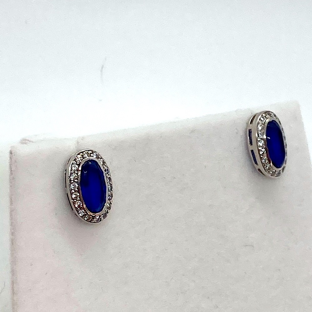 Vtg Sterling Silver & Dark Blue w White Halo CZ Stone Chunky Oval Earrings 1”